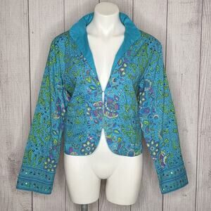 Phool Blue Floral Boho Jacket w/ Sequins – India Print Lightweight Cotton, sz XL